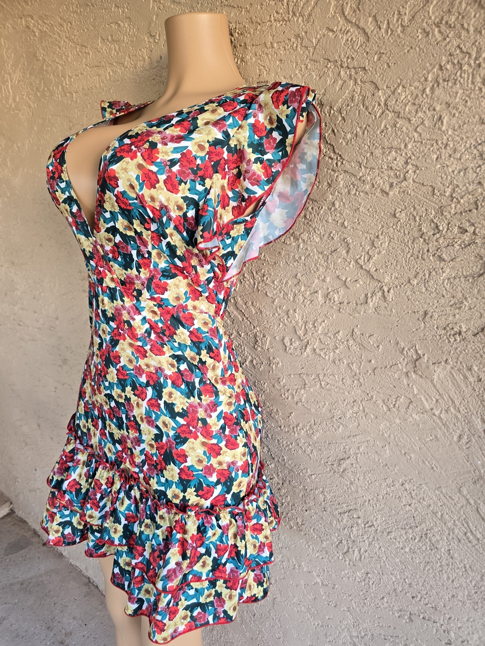 Deep V Floral Ruffle Mini Dress - Multi-Color - Picture 2 of 11